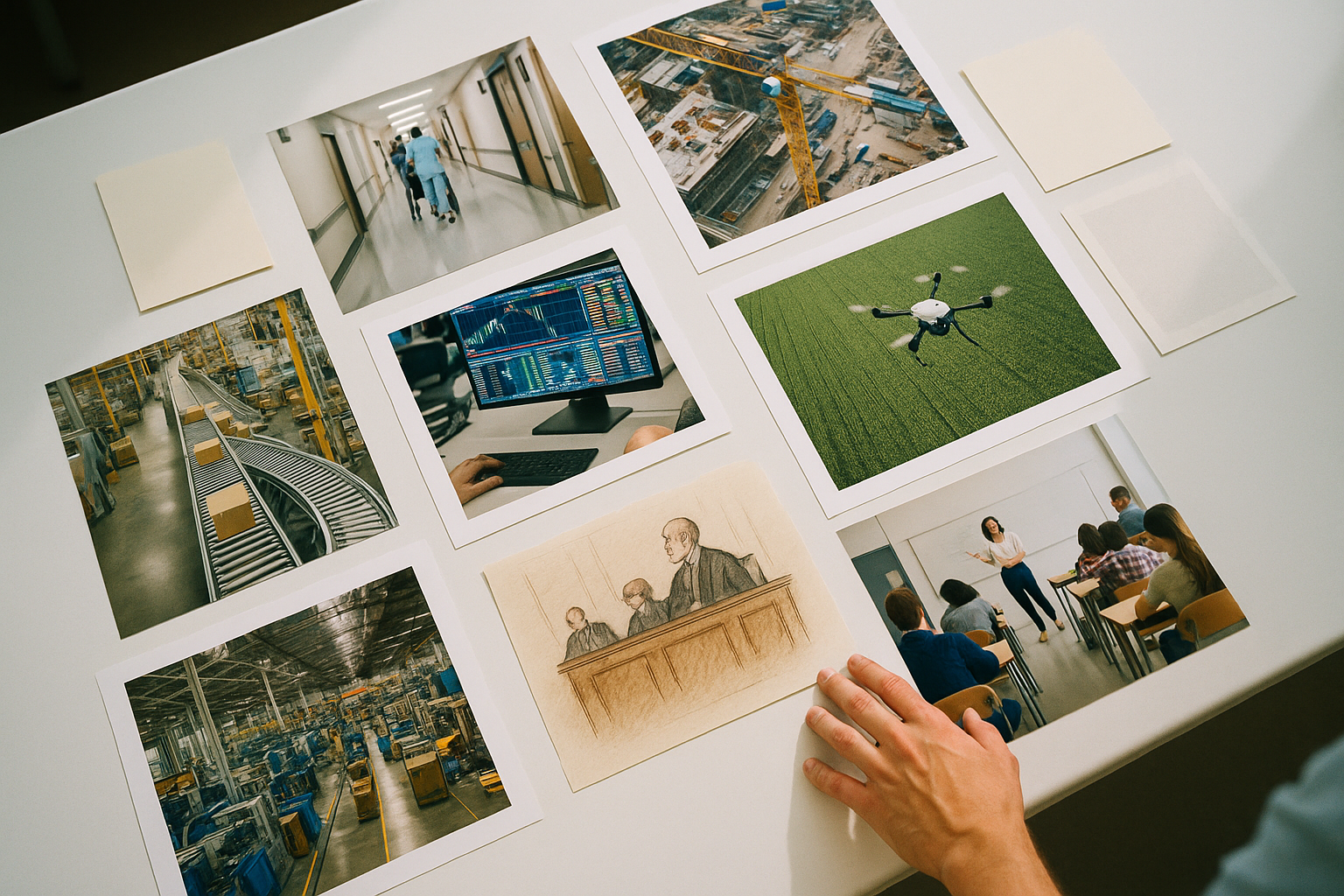 An editorial mood board showing AI applications across 16 industries — from healthcare to agriculture to finance