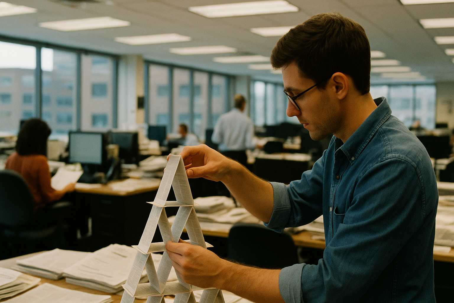 Scene in a newsroom with someone building