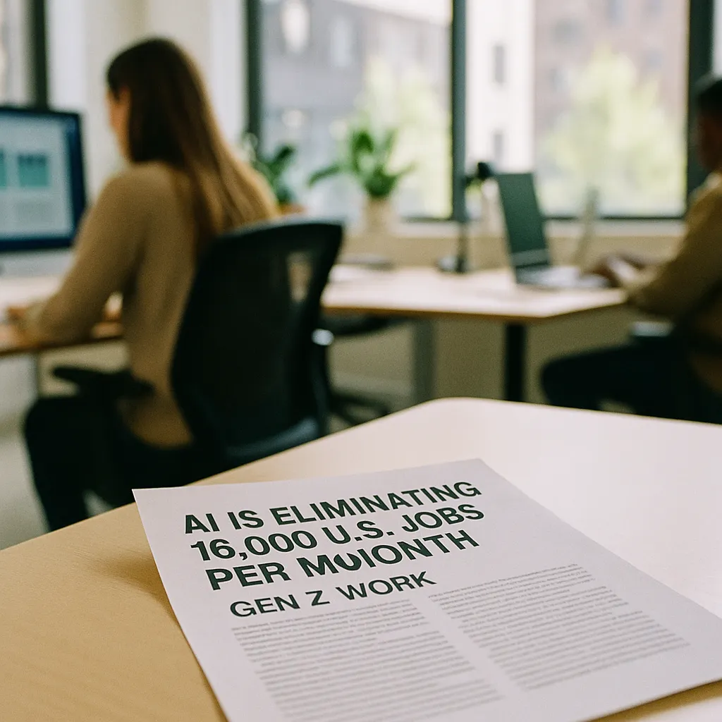 A modern workplace featuring document, related to AI Is Eliminating 16,000 U.S. Jobs Per Month With Gen Z Work from an unusual angle or perspective