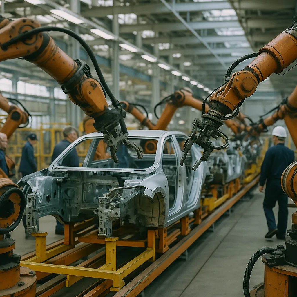 A bridge featuring Robots, assembly lines, related to AI Agents Are the Missing Link Between Factory Automation In