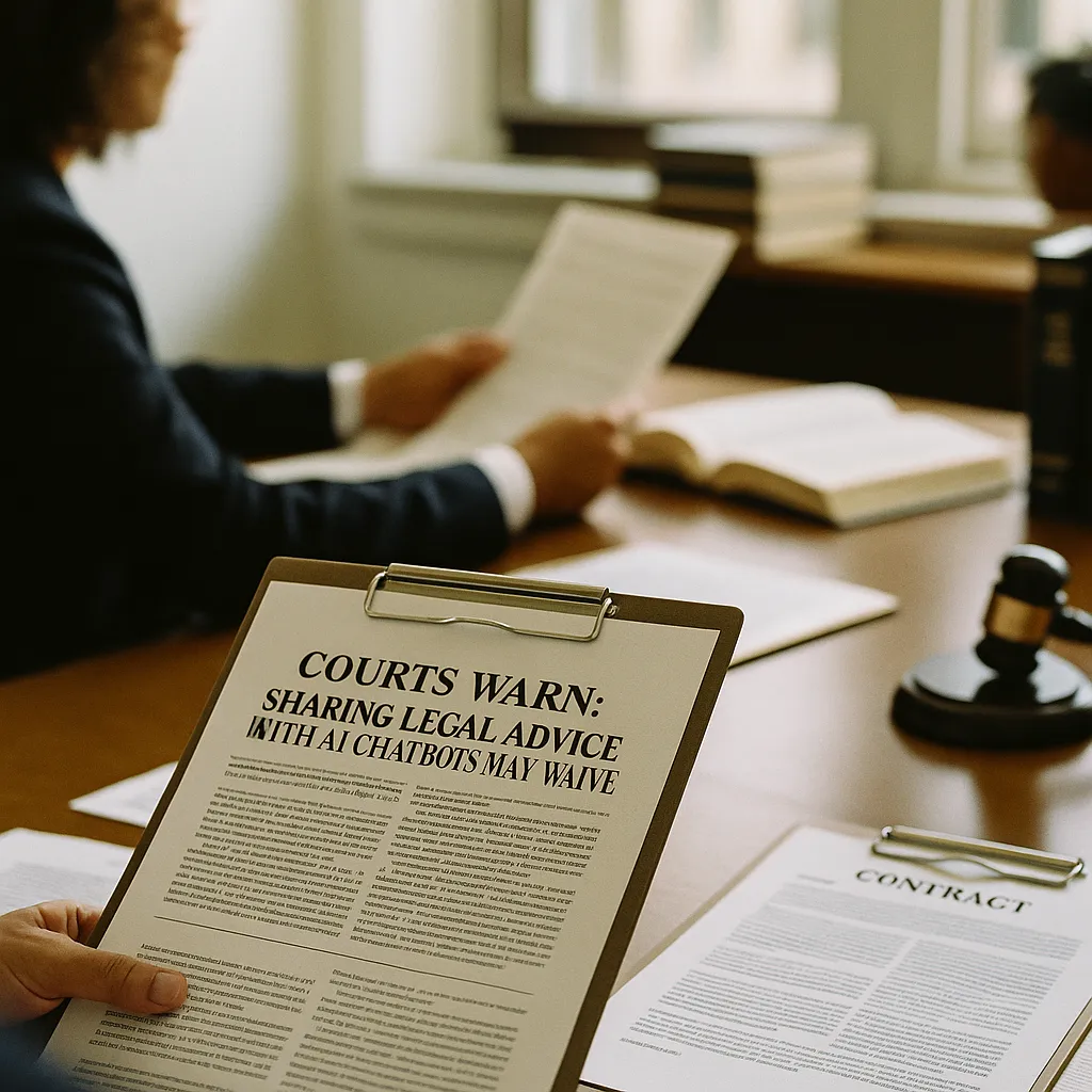 A law office featuring contracts, documents, related to Courts Warn: Sharing Legal Advice With AI Chatbots May Waive