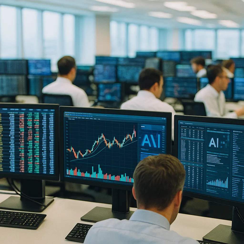 A financial trading floor related to Global AI Adoption in Financial Services Hits New High as 55 from an unusual angle or perspective