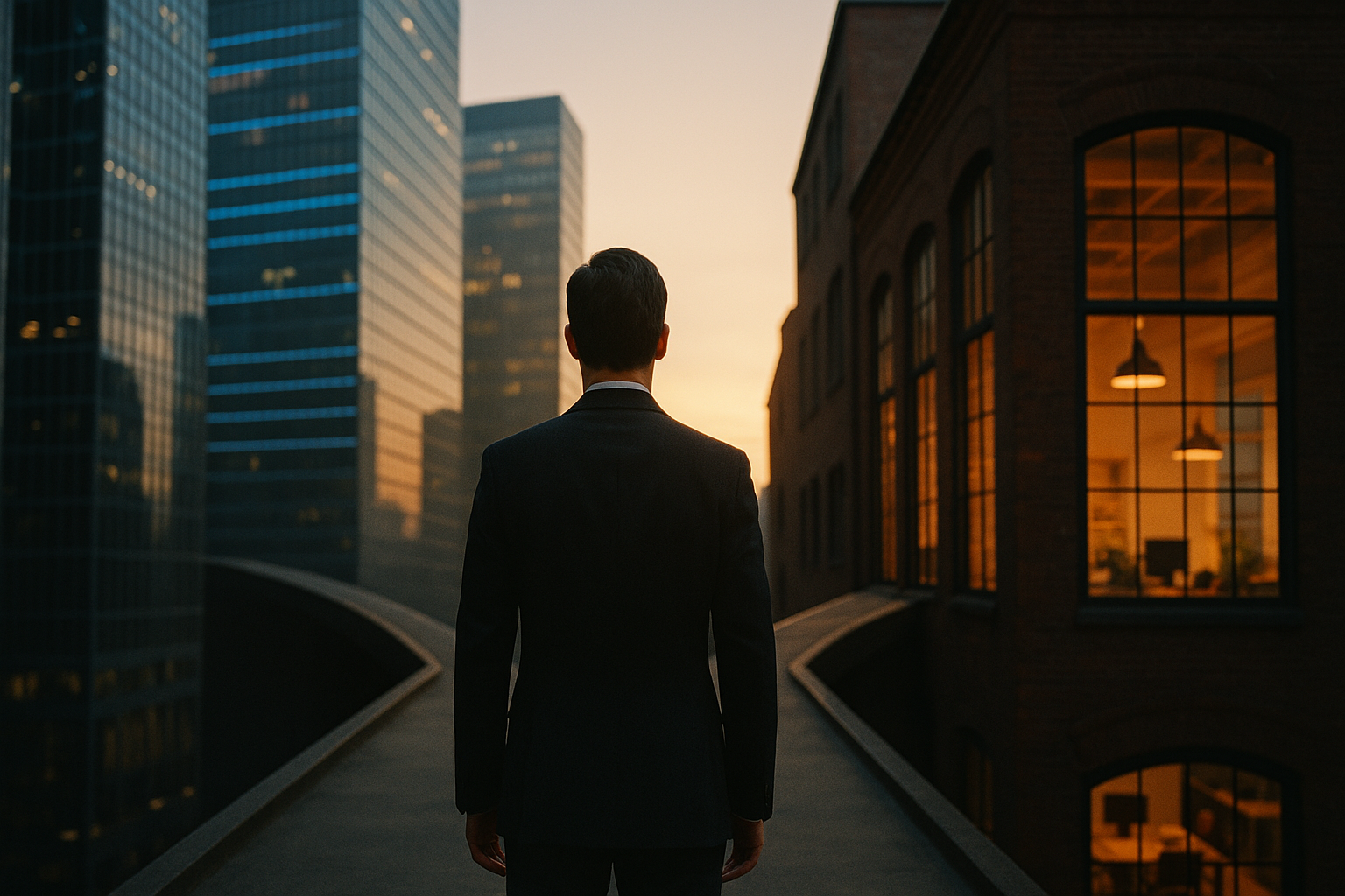 A business executive at a crossroads between enterprise towers and a startup loft — the AI gap that mid-market businesses face