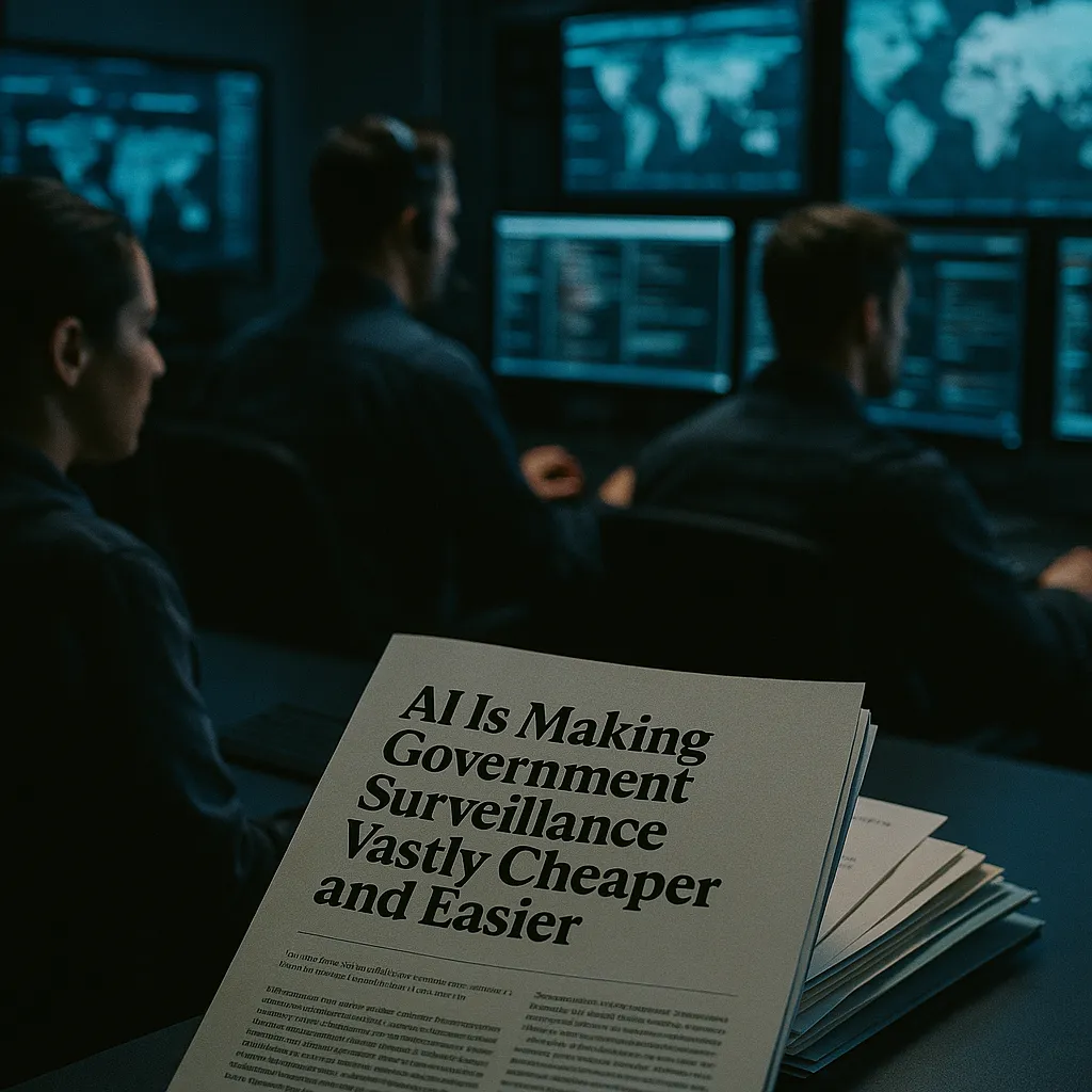 A cybersecurity operations center featuring documents, related to AI Is Making Government Surveillance Vastly Cheaper and Easi