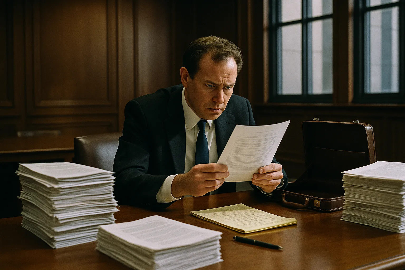 An attorney in a dark suit sitting alone at a large wooden table in a federal courthouse conference room, surrounded by stacked printed legal briefs