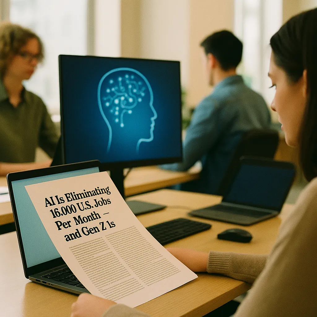 A modern workplace featuring document, screen, related to AI Is Eliminating 16,000 U.S. Jobs Per Month — and Gen Z Is 