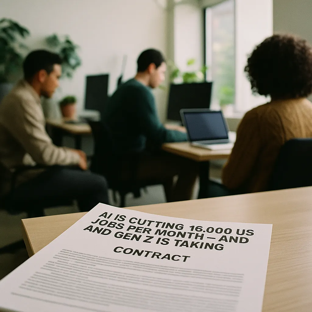 A modern workplace featuring Document, contract, related to AI Is Cutting 16,000 US Jobs Per Month — and Gen Z Is Taking from an unusual angle or perspective