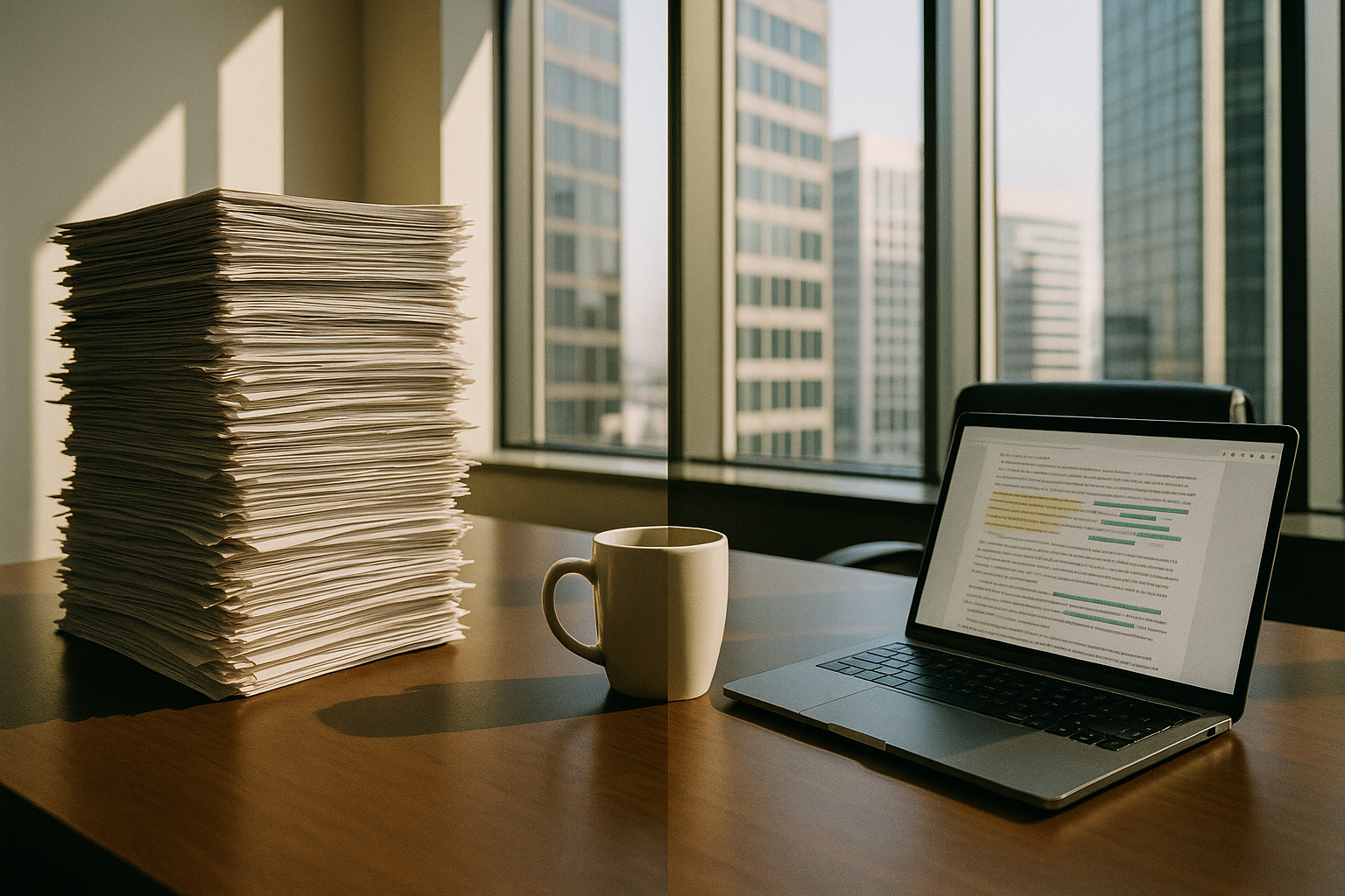 A desk split between paper-heavy manual work and clean AI-assisted workflow — AI replaces tasks, not jobs