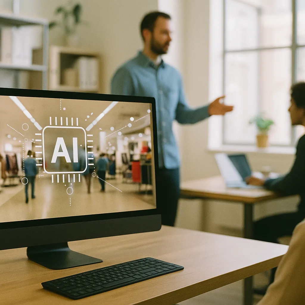 A office featuring Screen, screen, related to AI Moves Off the Backroom Screen and Onto the Store Floor
