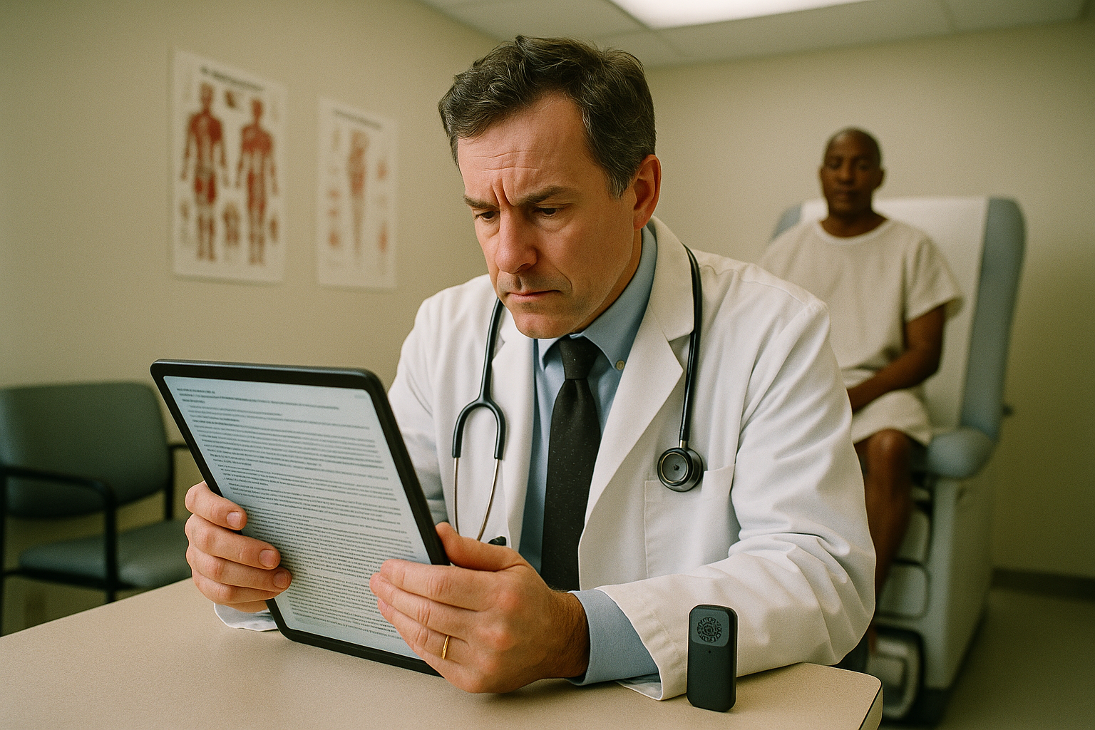 A physician in a white coat sitting at a small desk in an exam room reviewing a tablet displaying long clinical notes
