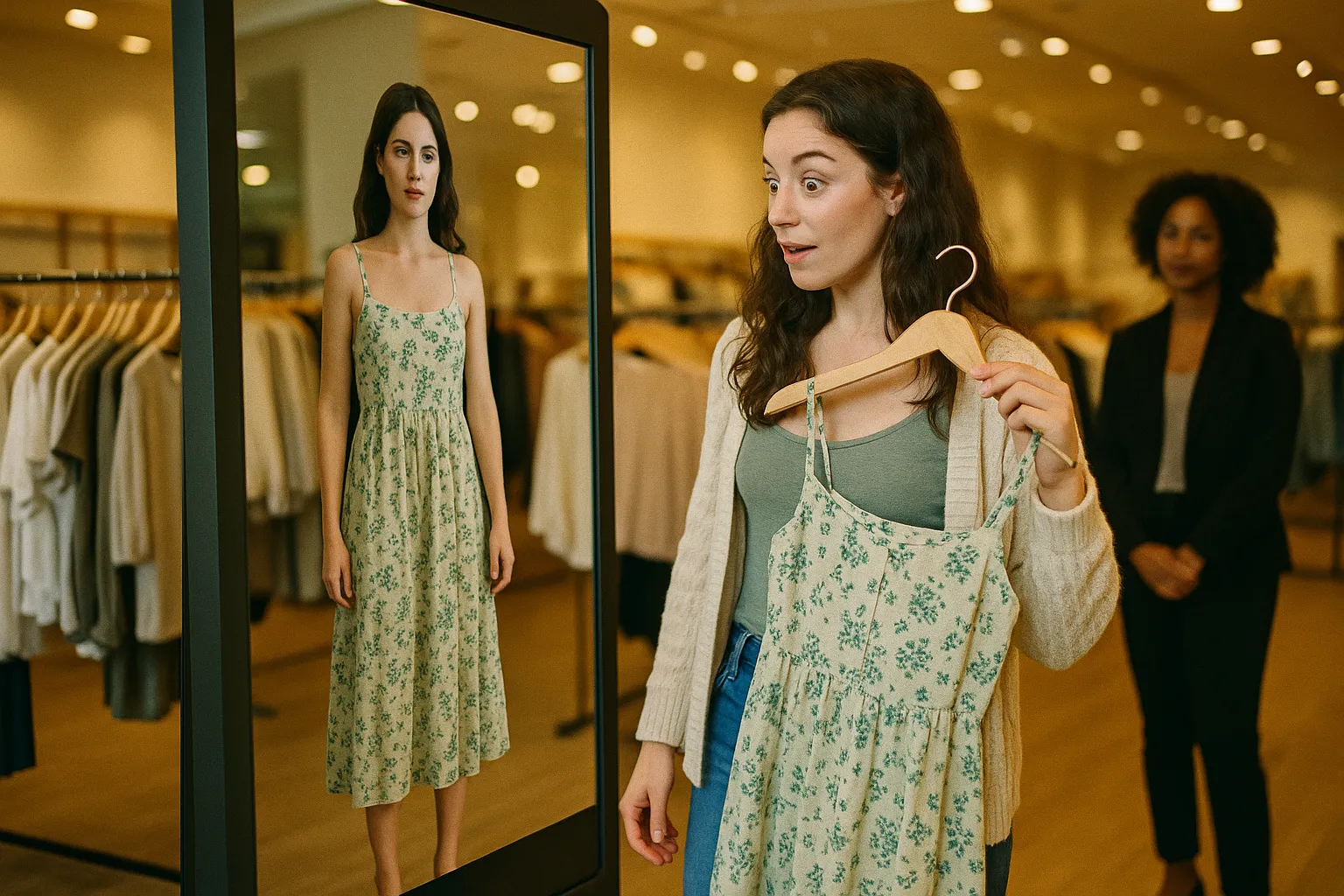 A young woman in a clothing store standing in front of a large touchscreen kiosk