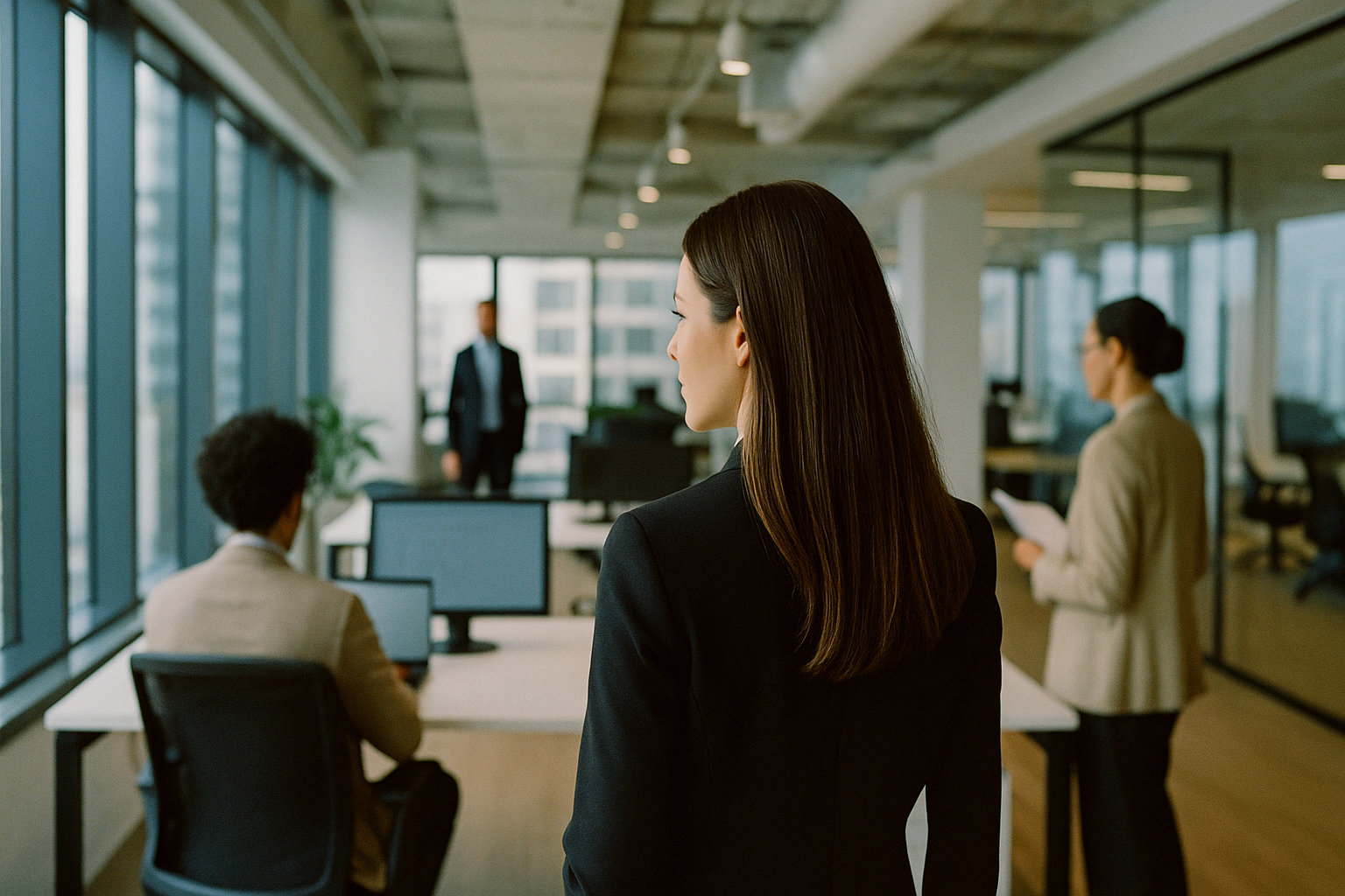 Scene in a modern corporate office from an unusual angle or perspective