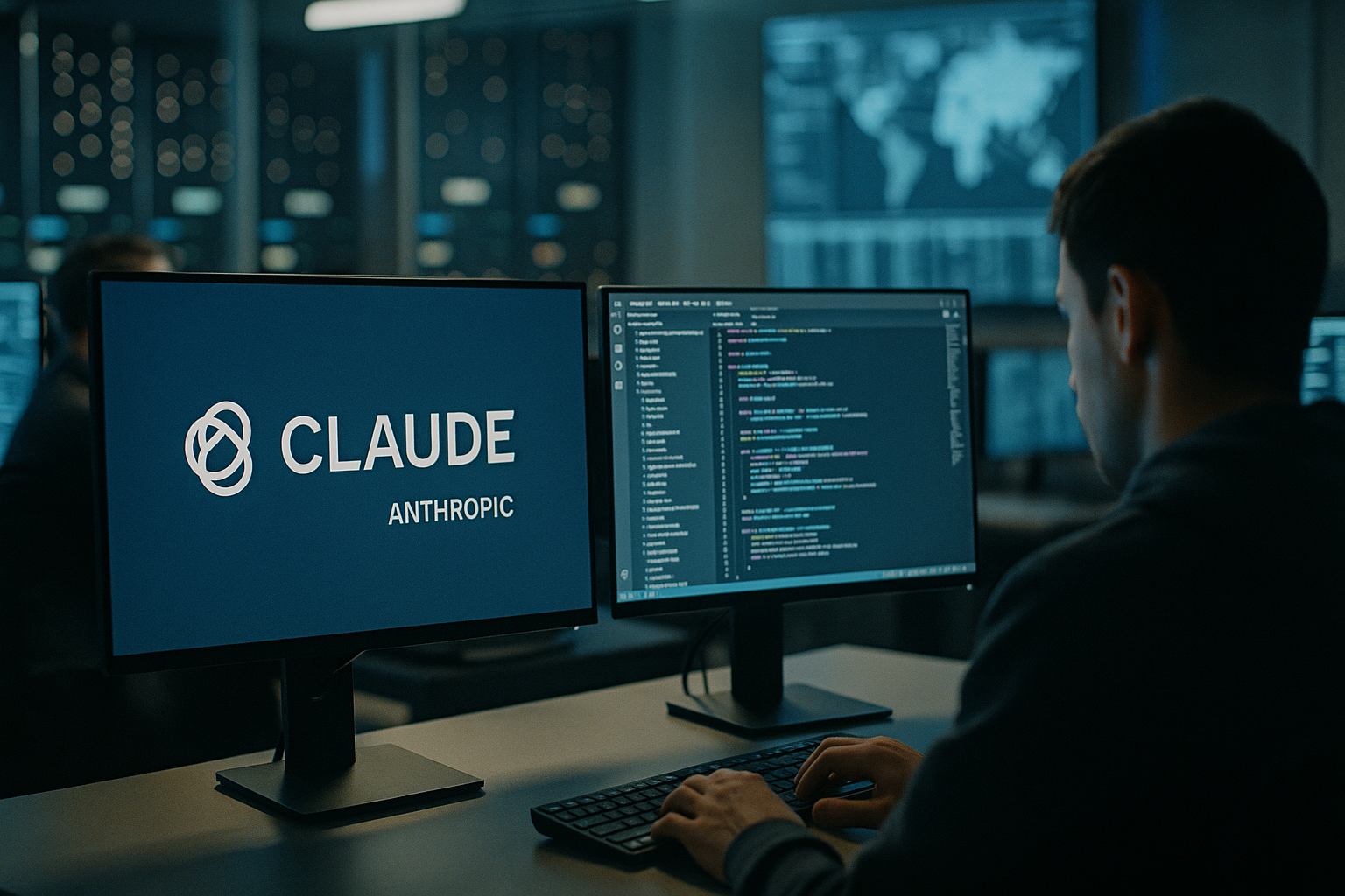Scene featuring Claude, Anthropic in a cybersecurity operations center with someone coding