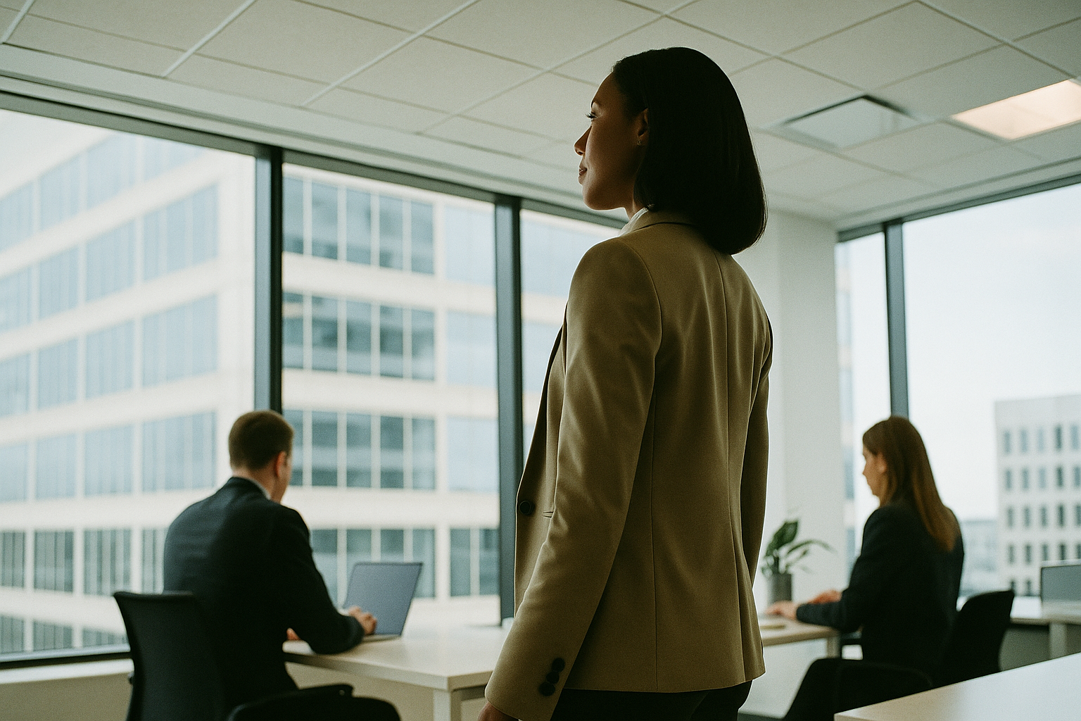 Scene in a modern corporate office with someone building from an unusual angle or perspective
