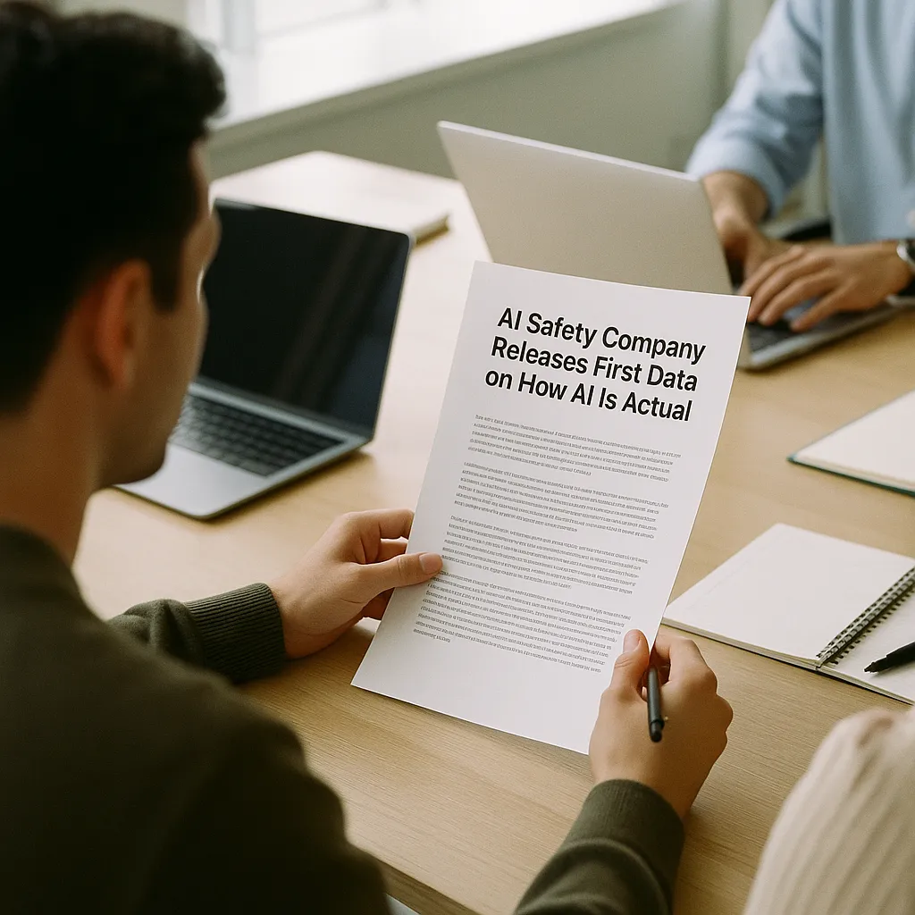 A modern workplace featuring document, related to an AI safety company Releases First Data on How AI Is Actual