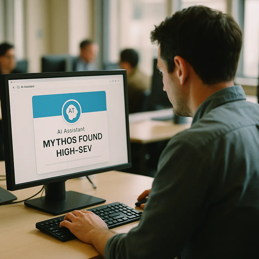 A newsroom where a person is operating related to an AI safety company's an AI assistant Mythos Found High-Sev