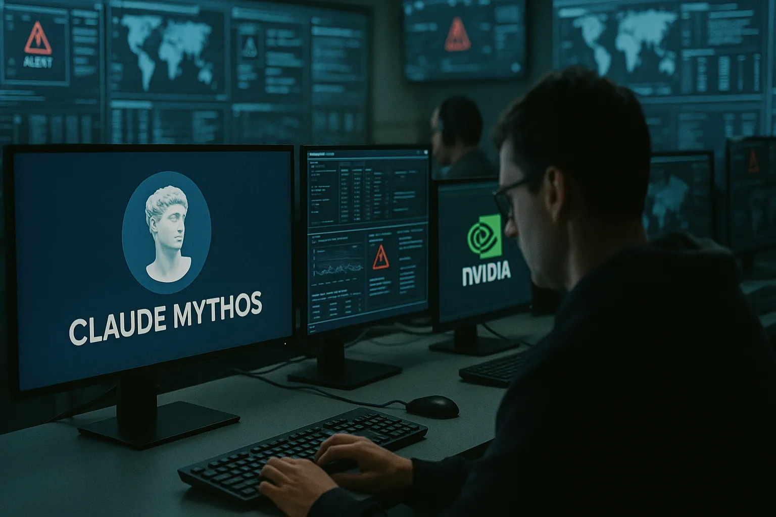 Scene featuring Claude, Nvidia in a cybersecurity operations center with someone testing