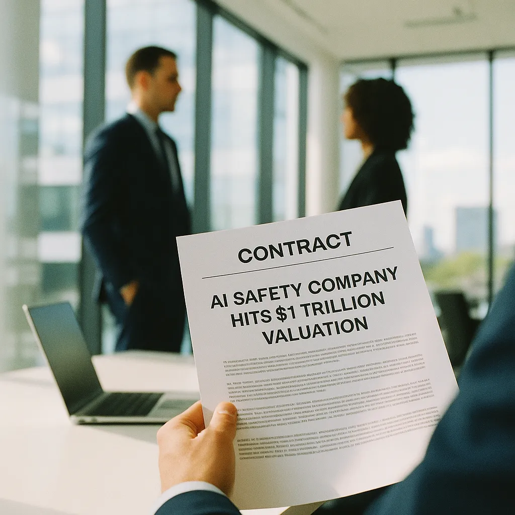 A modern corporate office featuring contract, related to an AI safety company Hits $1 Trillion Valuation on Secondary from an unusual angle or perspective