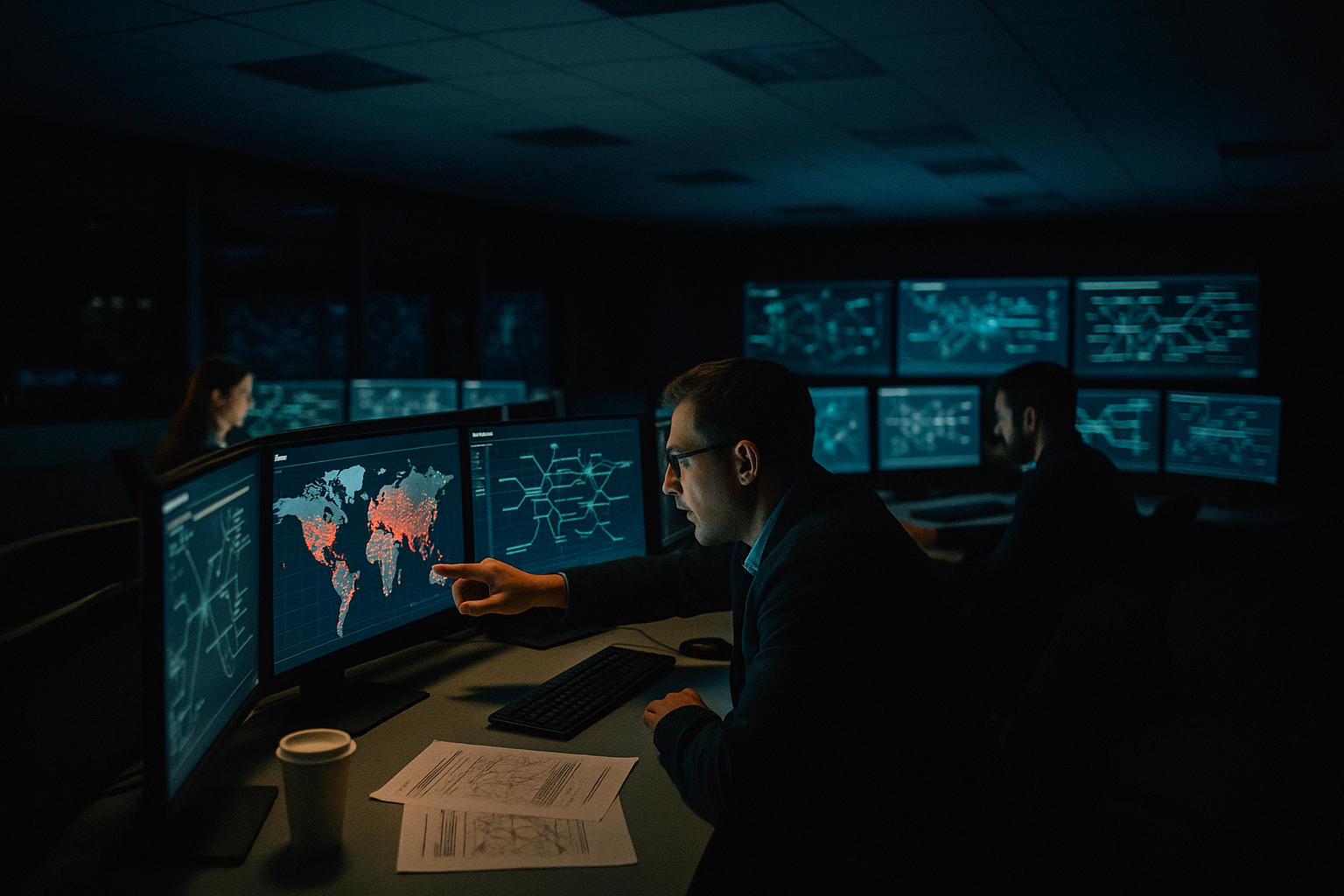 A cybersecurity operations center at night
