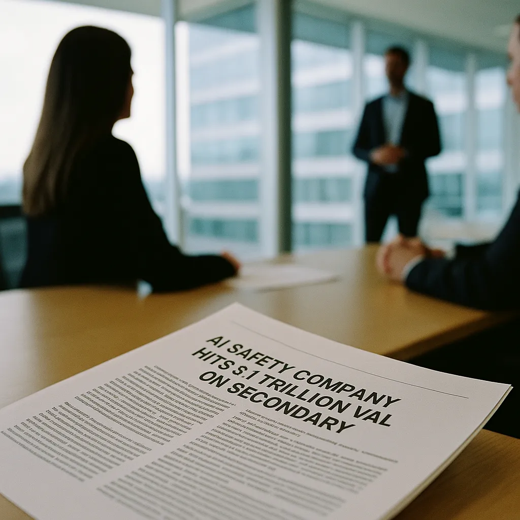 A modern corporate office featuring contracts, related to an AI safety company Hits $1 Trillion Valuation on Secondary from an unusual angle or perspective