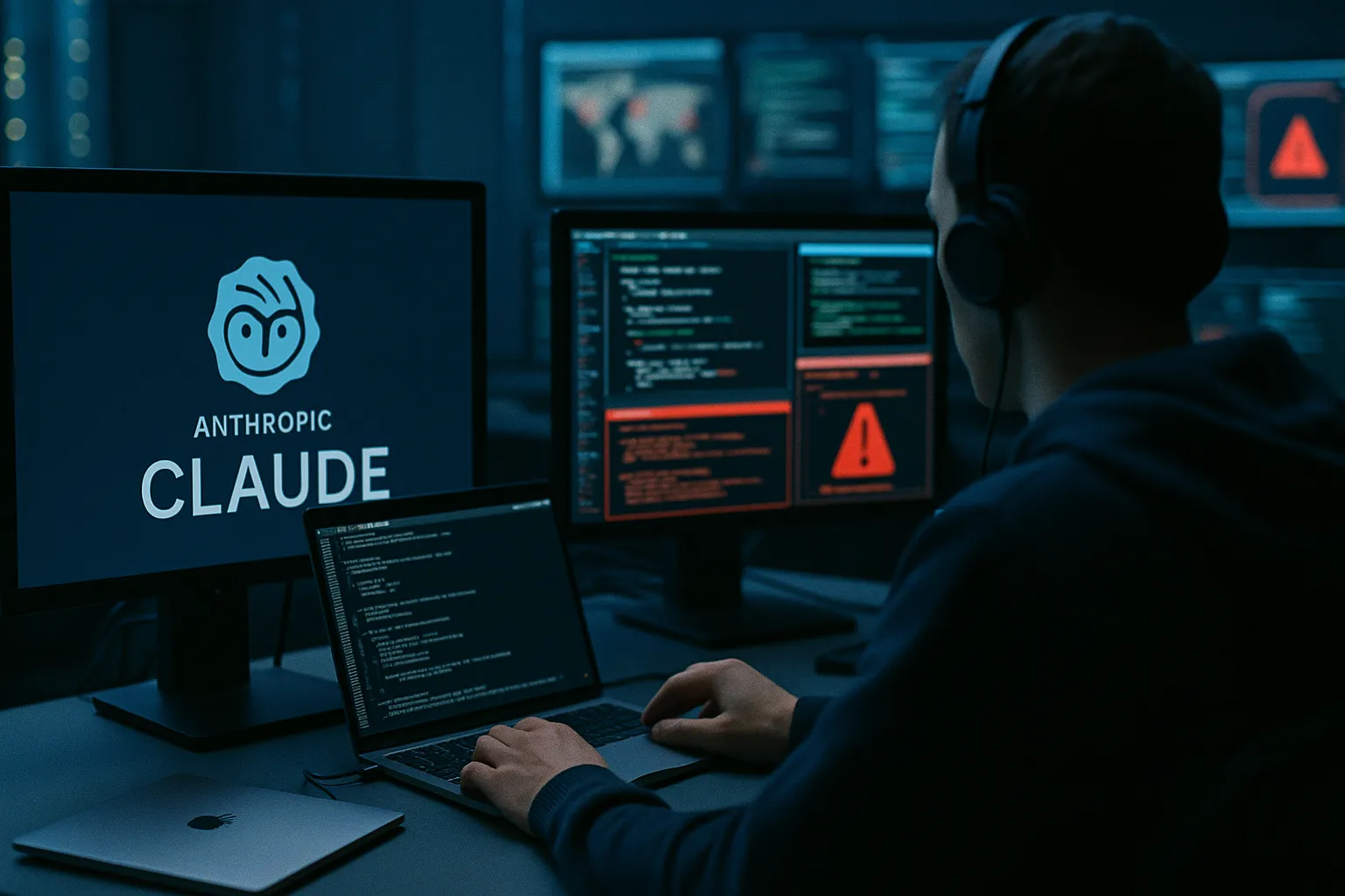 Scene featuring claude, Apple in a cybersecurity operations center with someone testing