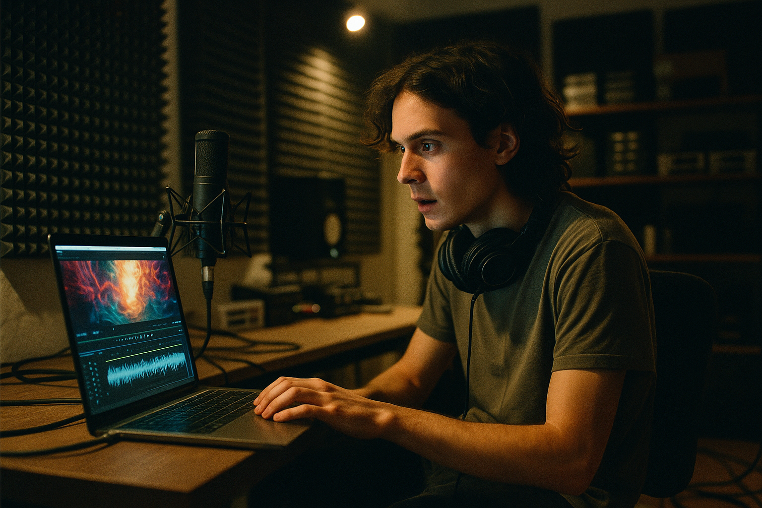 A young independent musician sitting alone in a modest home recording studio with acoustic foam panels on the walls, headphones around their neck