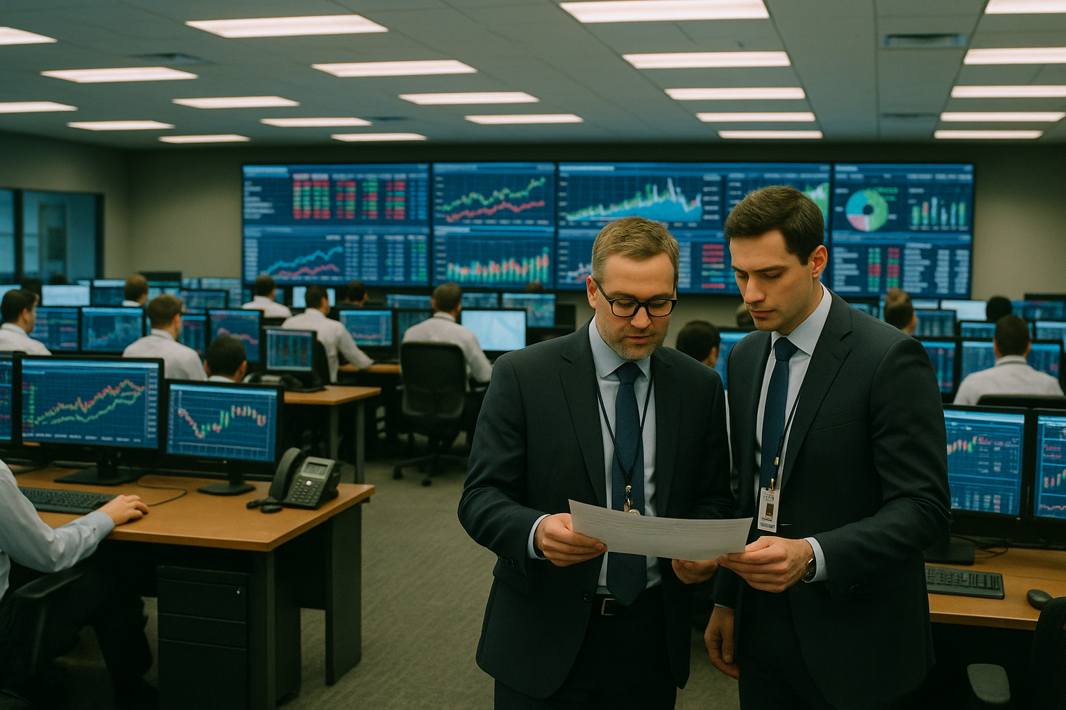 Inside a major bank's operations center with rows of analysts at workstations with multiple monitors showing financial dashboards
