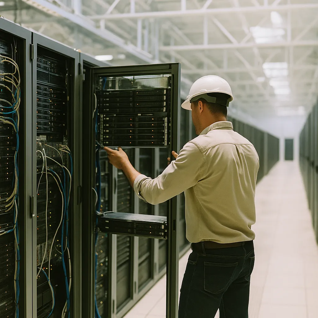 Scene in a data center with someone building