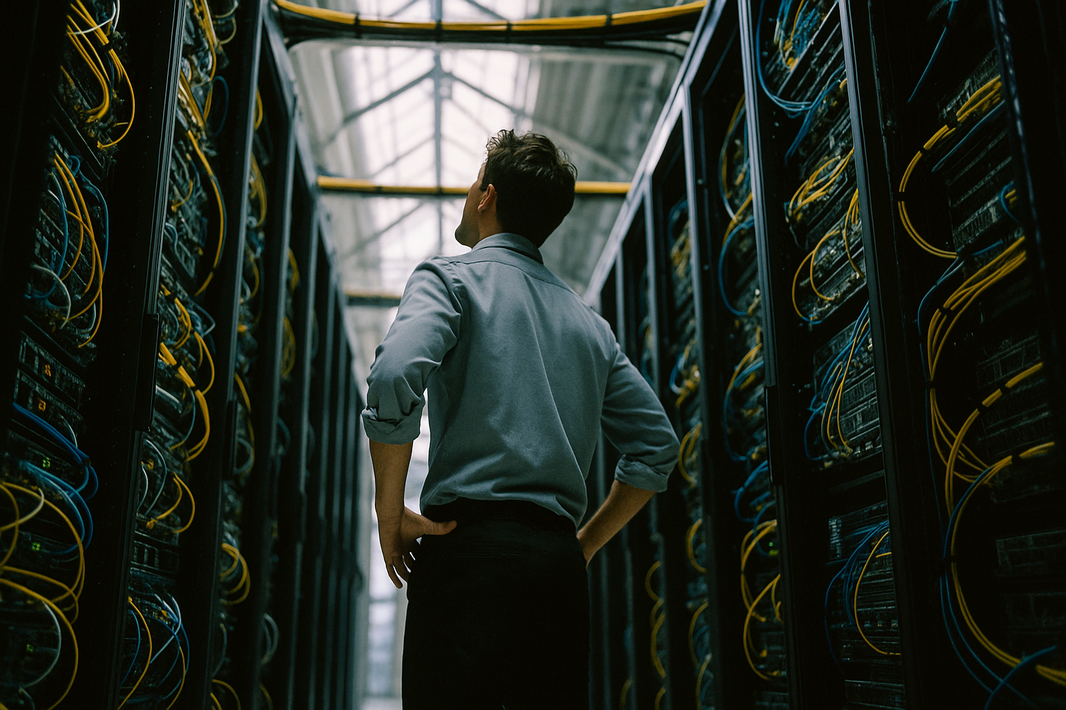 Scene in a data center with someone training from an unusual angle or perspective