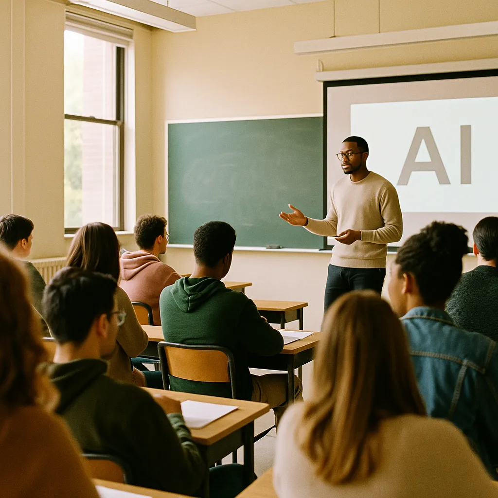 A university classroom related to Boston Public Schools Mandates AI Literacy as Graduation Req from an unusual angle or perspective