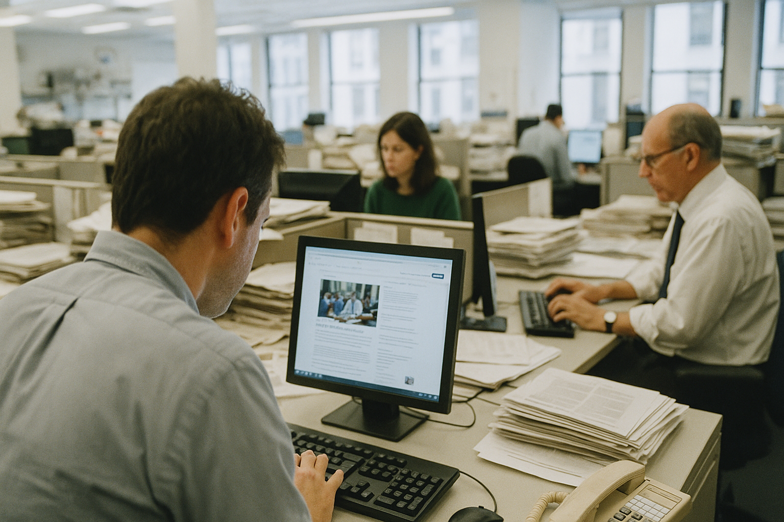Scene in a newsroom from an unusual angle or perspective