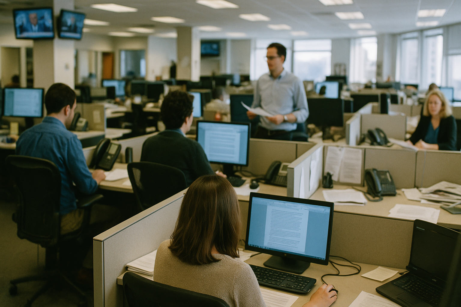 Scene in a newsroom from an unusual angle or perspective