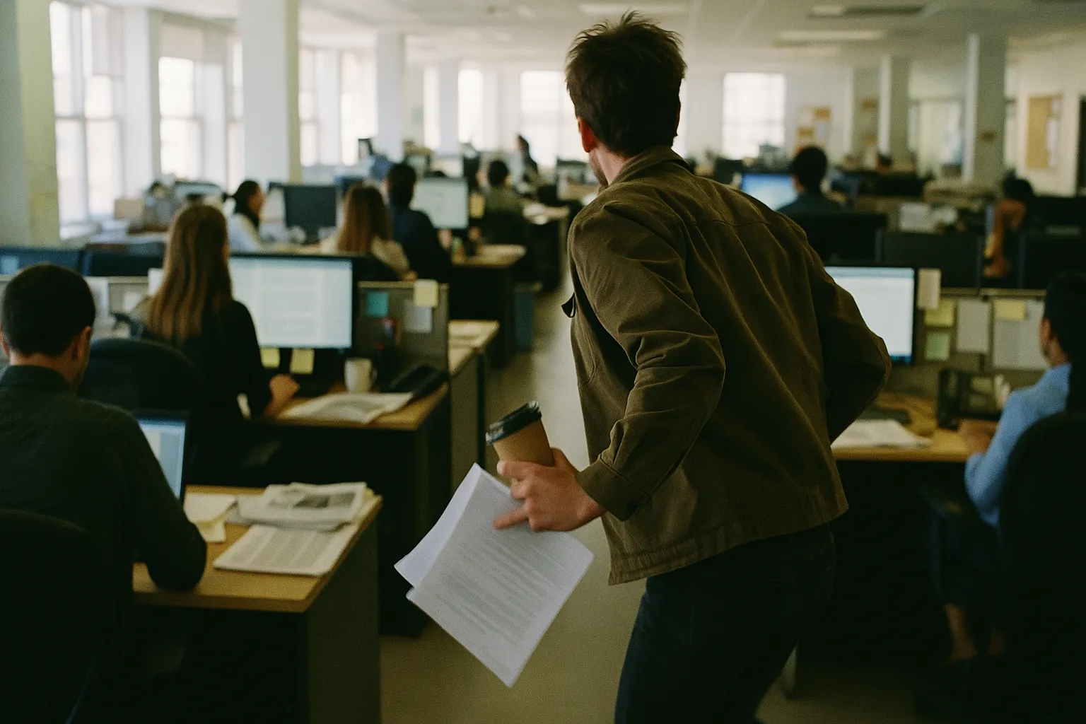 Scene in a newsroom with someone deploying from an unusual angle or perspective