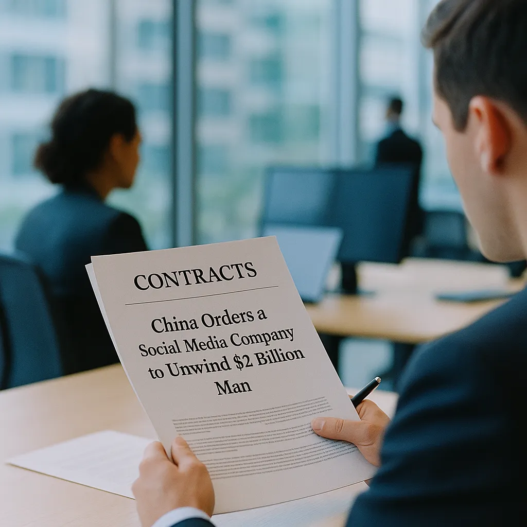 A modern corporate office featuring Contracts, related to China Orders a social media company to Unwind $2 Billion Man