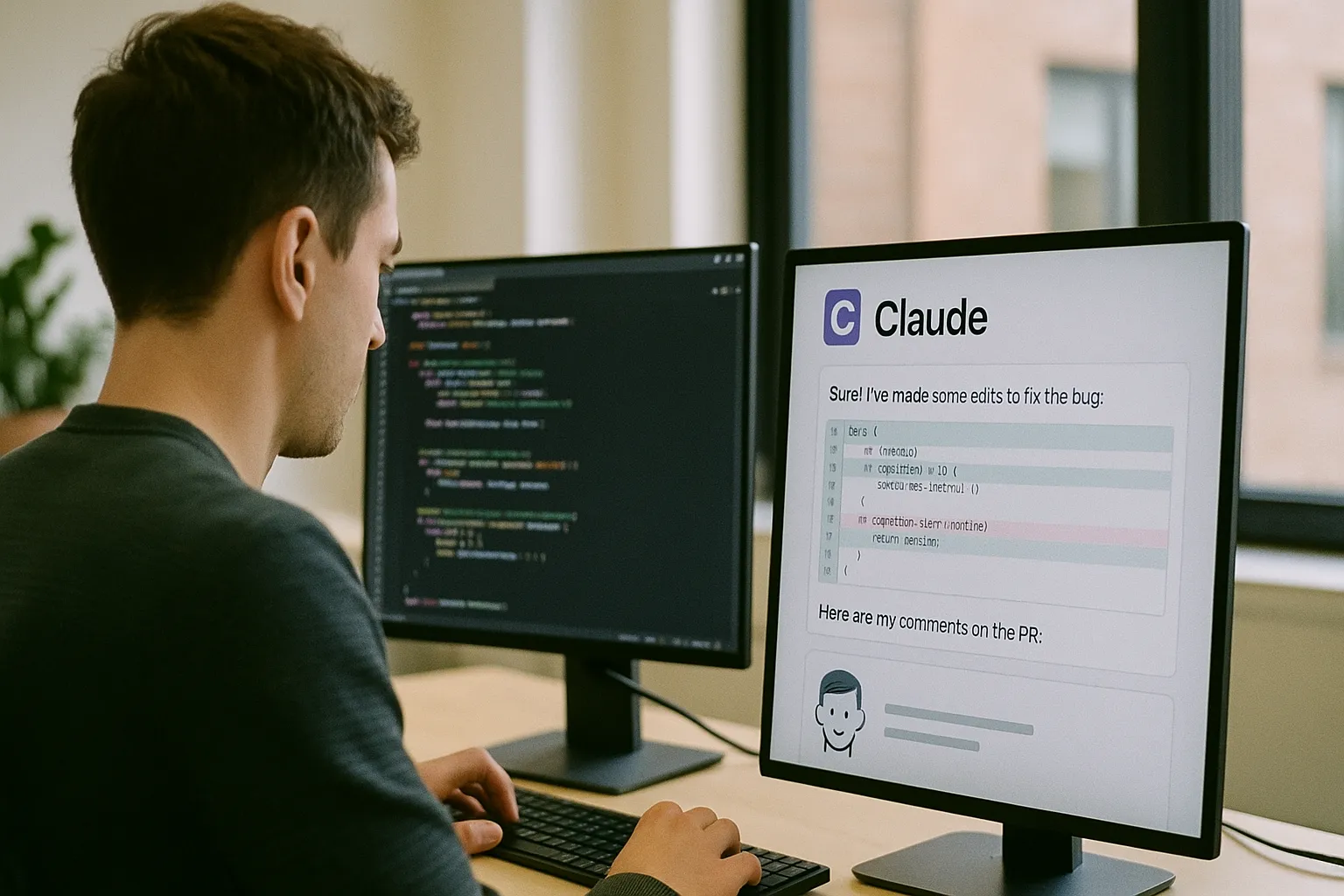 Scene featuring copilot, claude in a modern workplace with someone coding
