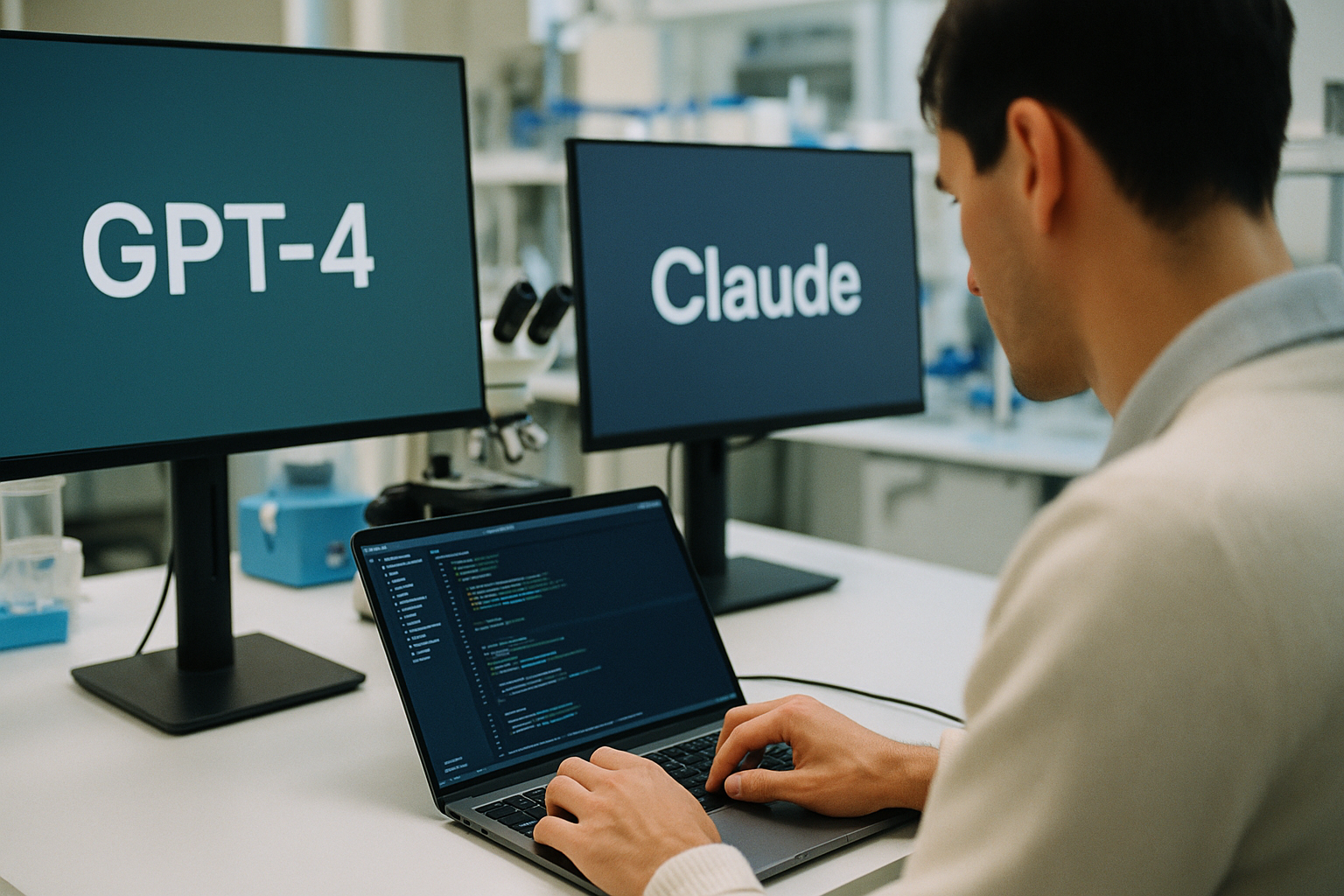 Scene featuring GPT-4, Claude in a research laboratory with someone coding from an unusual angle or perspective
