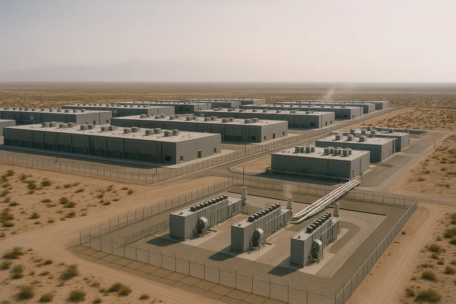 Aerial ground-level perspective of a massive data center campus in a desert landscape