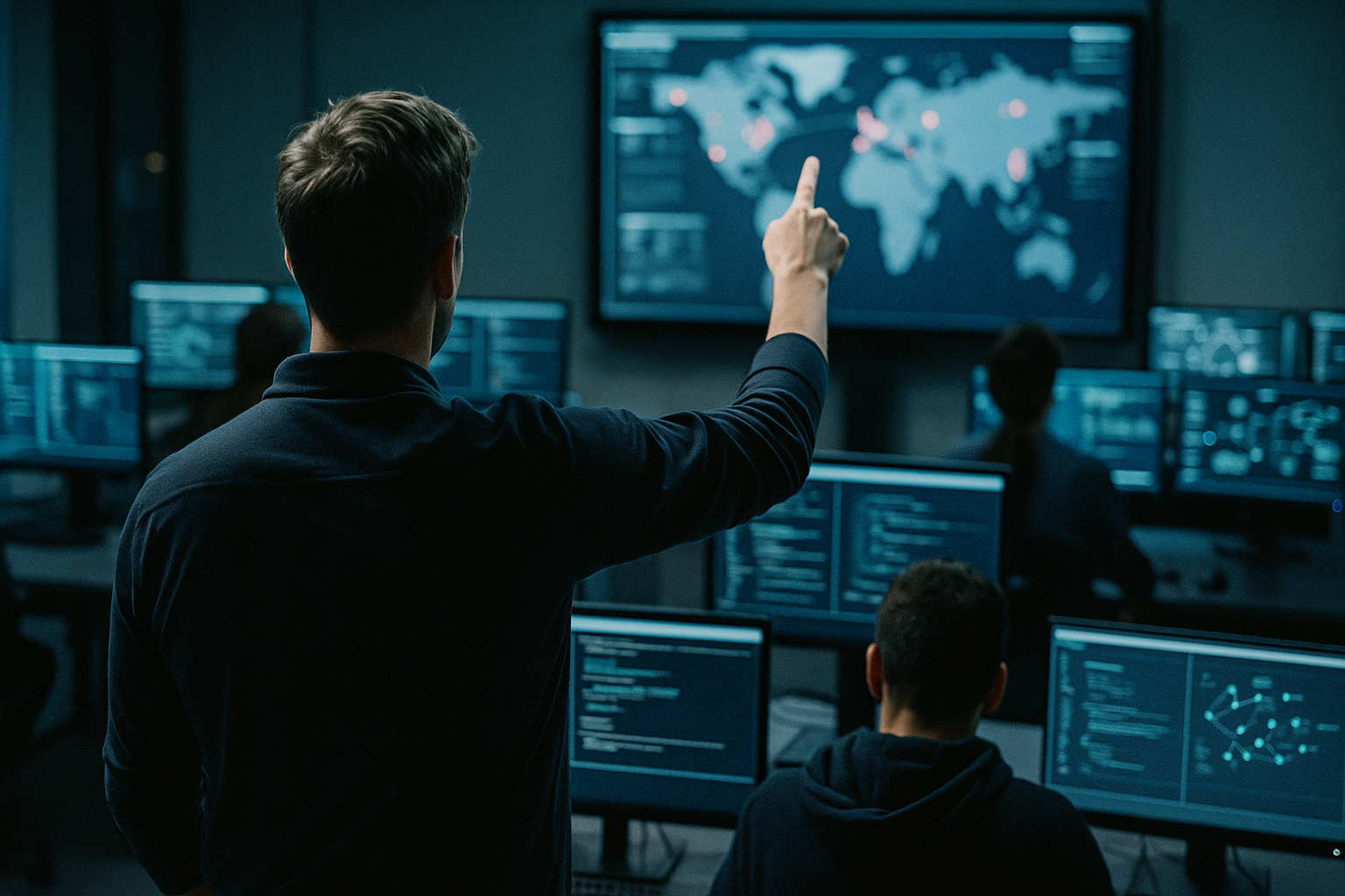 Scene in a cybersecurity operations center with someone training from an unusual angle or perspective