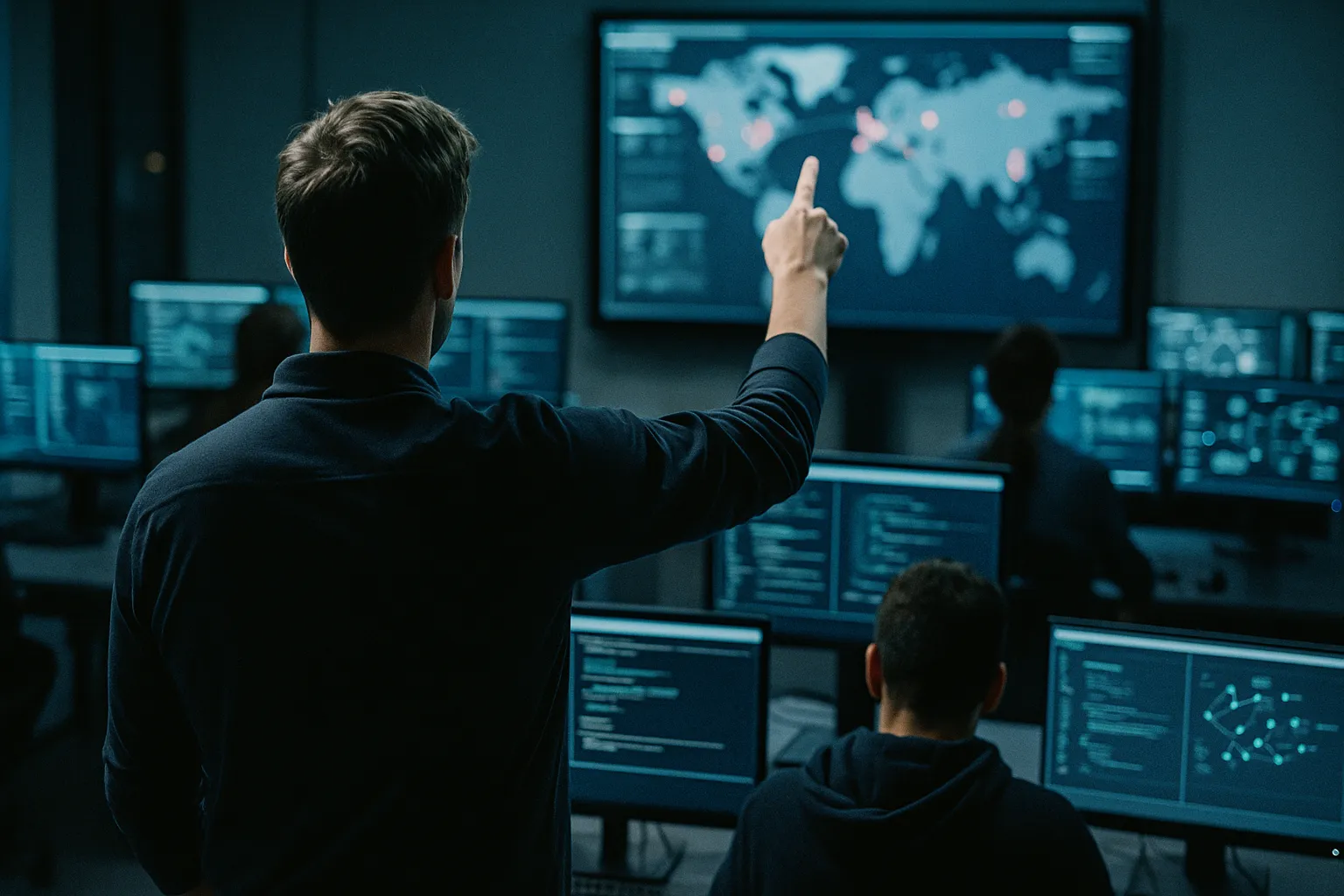 Scene in a cybersecurity operations center with someone training from an unusual angle or perspective