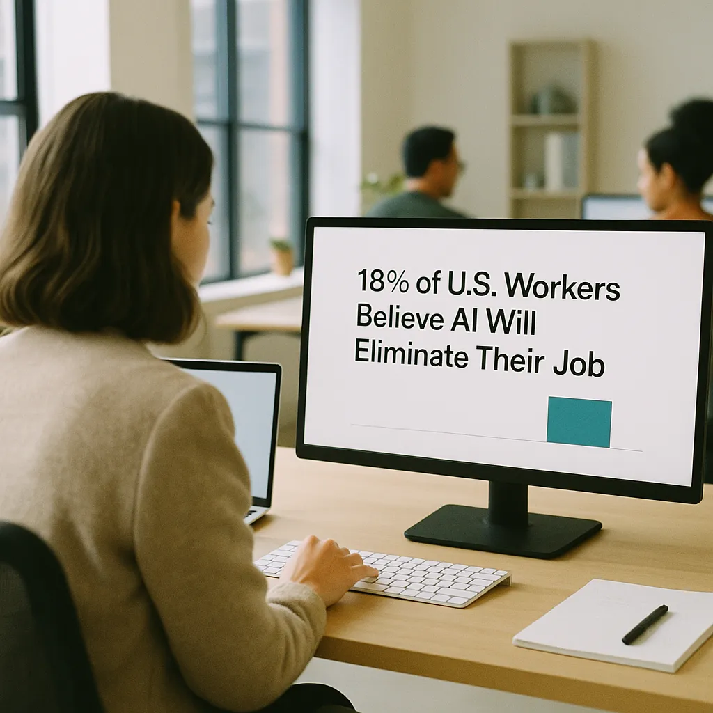 A modern workplace where a person is deploying related to Gallup: 18% of US Workers Believe AI Will Eliminate Their Jo