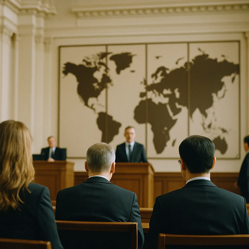 A government building interior related to Global AI Regulatory Landscape Fractures as EU, US, and Asia from an unusual angle or perspective