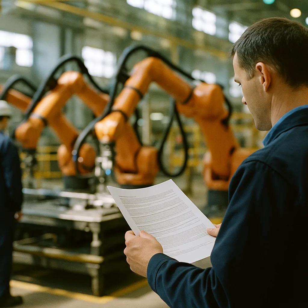 A factory featuring document, robots, related to Goldman Sachs: AI Is Eliminating 16,000 U.S. Jobs Per Month,