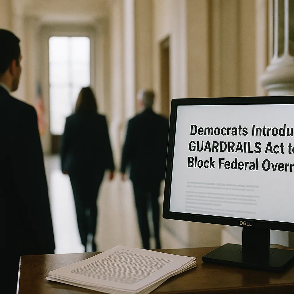 A government building interior featuring Monitor, document, related to Democrats Introduce GUARDRAILS Act to Block Federal Override from an unusual angle or perspective