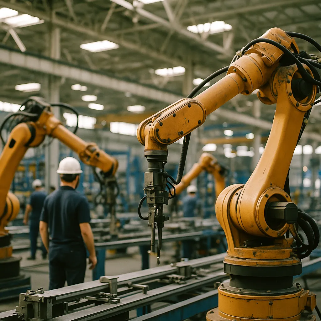 A factory floor featuring robots, Robots, related to AI Robotics Program to Push Navy Production Up Another 15%