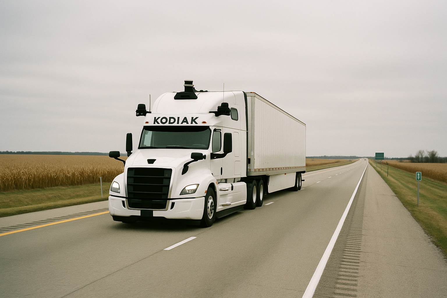 A white Kodiak semi-truck with no driver visible through the windshield driving on a wide interstate highway through flat midwestern farmland