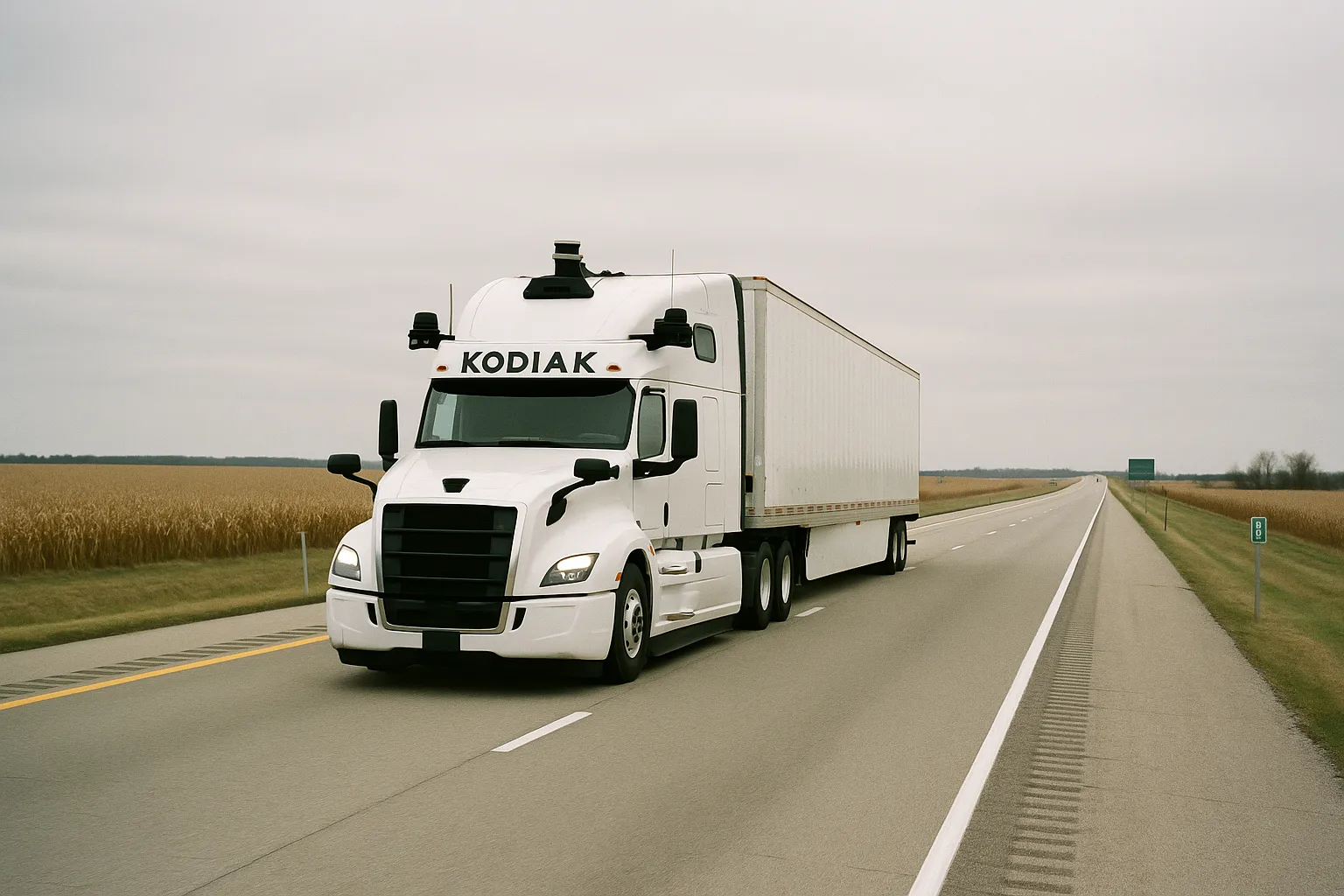 A white Kodiak semi-truck with no driver visible through the windshield driving on a wide interstate highway through flat midwestern farmland