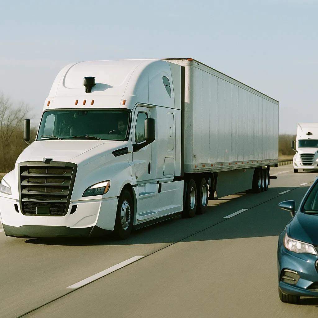 A highway featuring trucks, vehicle, related to Driverless Trucking Beyond Sun Belt to Ohio and Indiana Frei