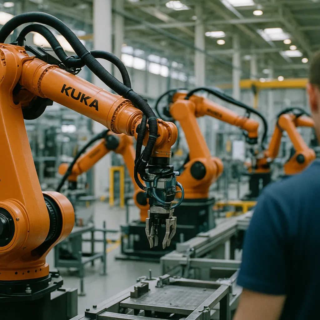 A factory floor featuring robot, robots, related to KUKA Unveils Automation 2.0: AI-Driven Industrial Robots Tha