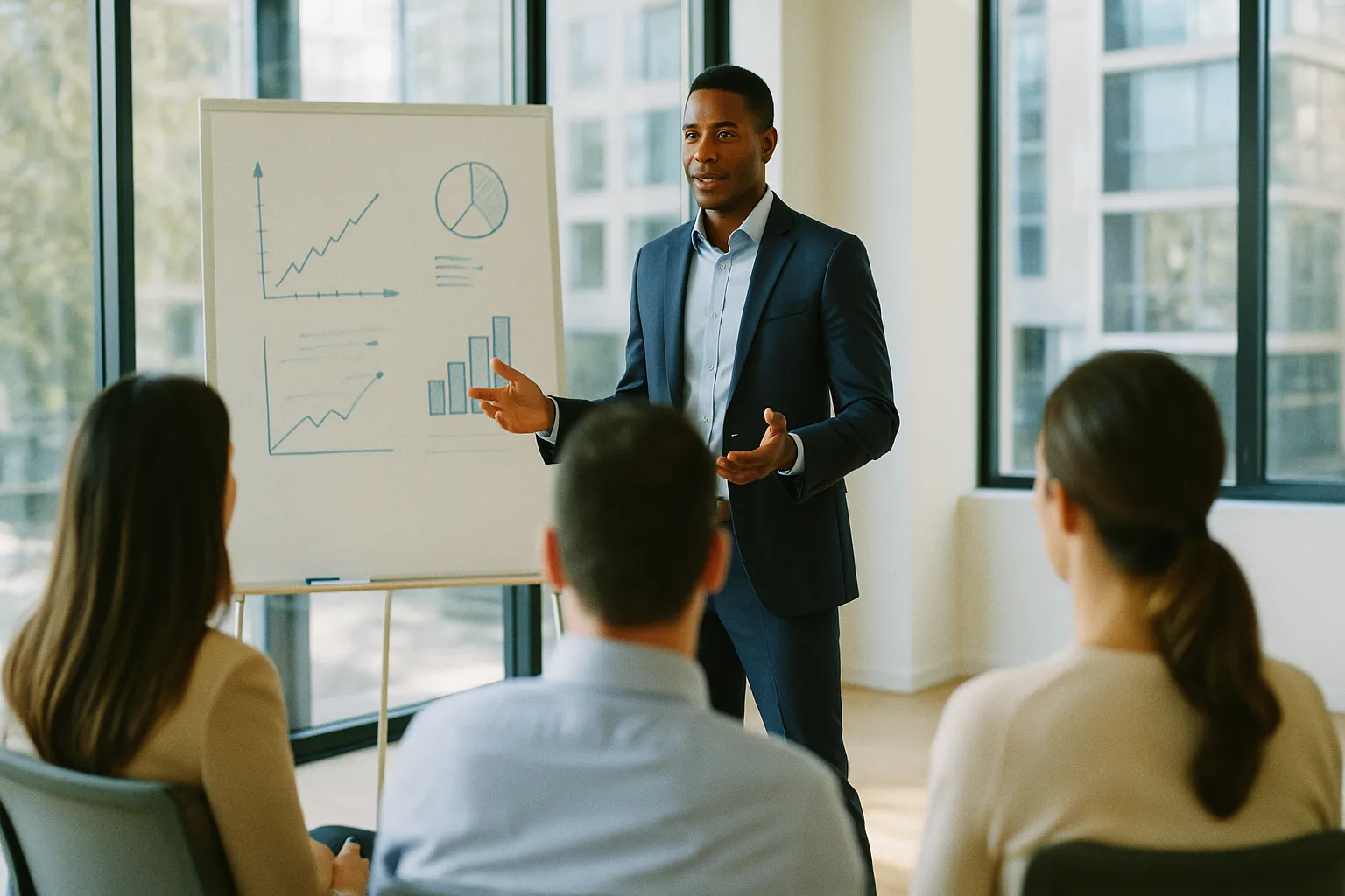 Scene in a modern corporate office with someone training