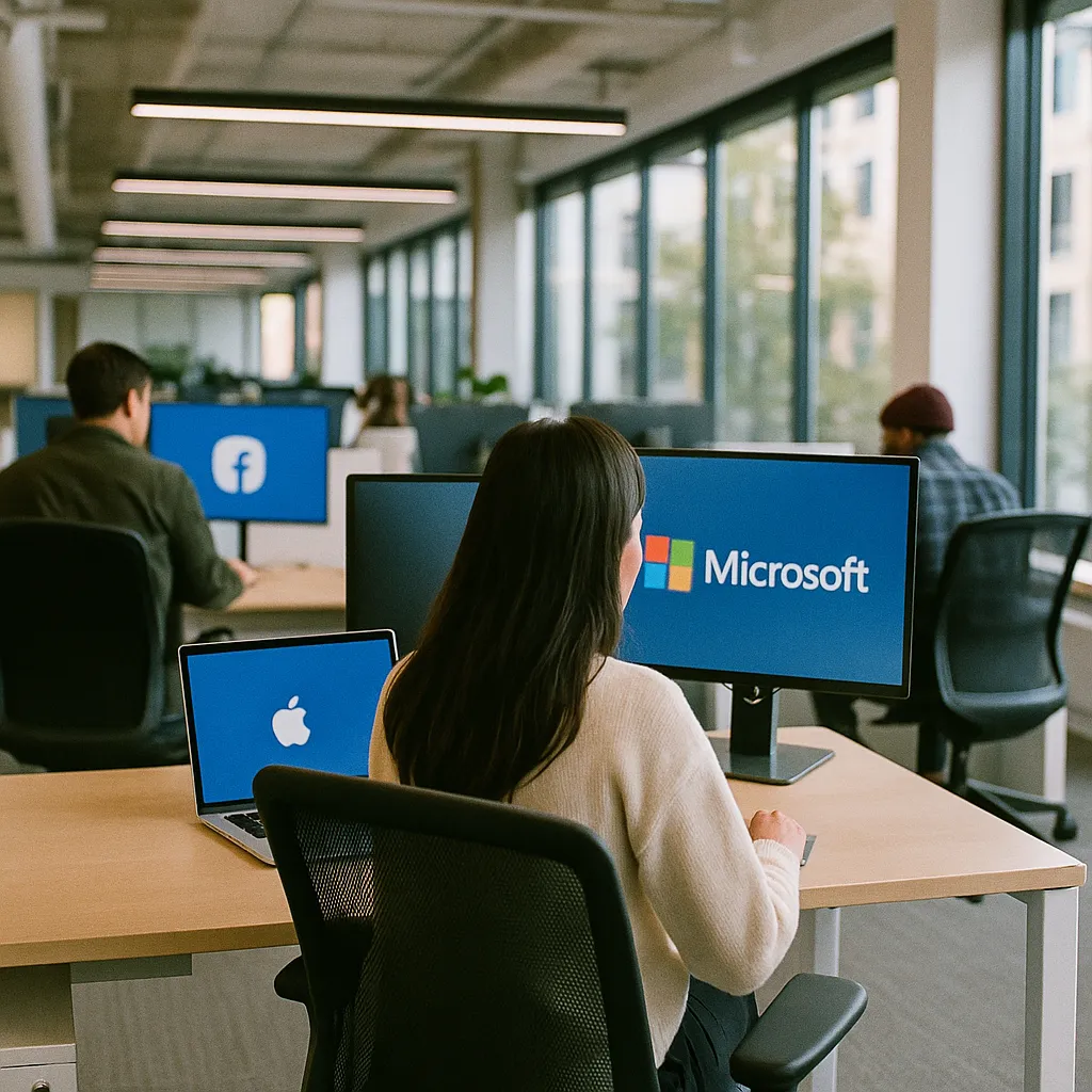 A modern workplace related to a social media company and a major software company Cut 20,0 from an unusual angle or perspective